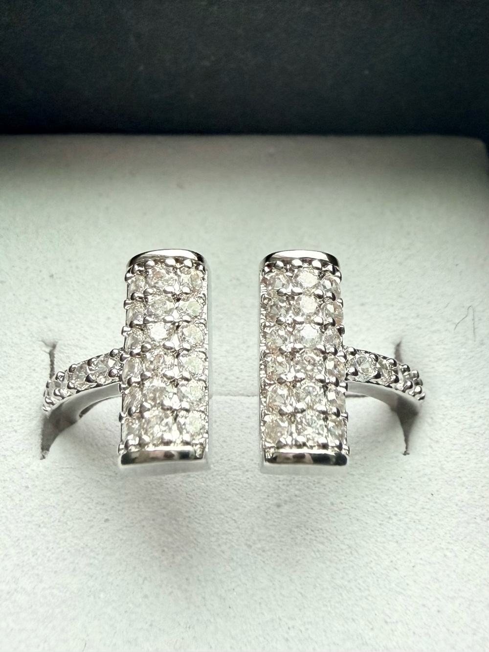 NEW! 14k White Gold Plated CZ Pave Bar Open Ring - Adjustable